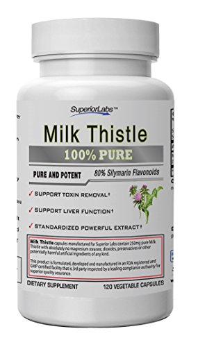 Product Cover #1 Milk Thistle Extract by Superior Labs - Non Synthetic! 80% Silymarin Flavonoids! 4:1 250mg, 120 Vegetable Caps - Made in USA, 100% Money Back Guarantee