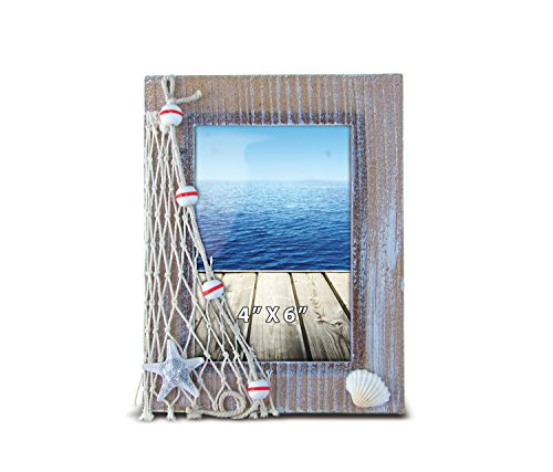 Product Cover Puzzled Wooden Picture Frame with Starfish Seashell & Fishing Net, 4 x 6 Inch Sculptural Photo Holder Intricate Wood Art Handcrafted Tabletop Accent Nautical Beach Themed Home Décor Accessory