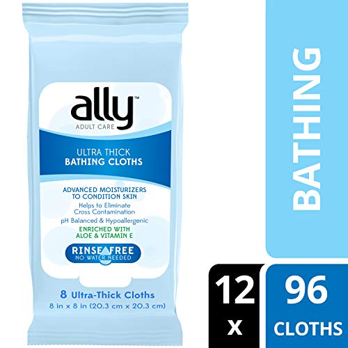 Product Cover Ally Rinse-Free Ultra-Thick Adult Bathing Cloths, Microwaveable and Hypoallergenic, 96 Count (12 Packs of 8 Wipes)