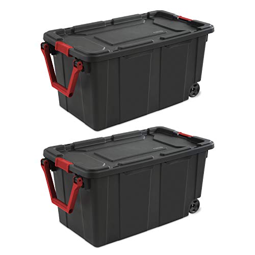 Product Cover Sterilite 14699002 40 Gallon/151 Liter Wheeled Industrial Tote, Black Lid & Base w/ Racer Red Handle & Latches, 2-Pack