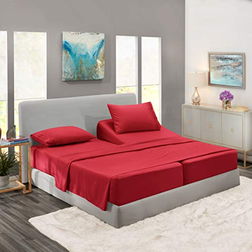 Product Cover Nestl Bedding Soft Sheets Set - 5 Piece Bed Sheet Set, 3-Line Design Pillowcases - Wrinkle Free - 2 Fit Deep Pocket Fitted Sheets - Free Warranty Included - Split King, Burgundy Red
