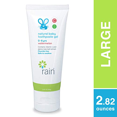 Product Cover Rain Natural Baby Kids Fluoride-Free Toothpaste Gel - Infant Toddler Vegan Tooth Paste, 2.8 Oz Safe to Swallow, Babies Dental Training, With Vitamin C, Ages 0 to 6 Years Watermelon Toothpaste for Kids