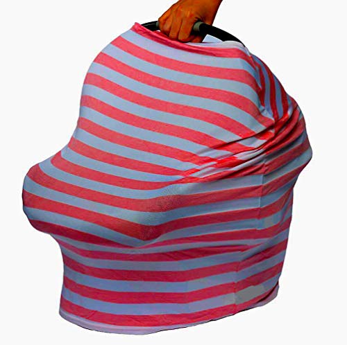Product Cover Nursing Cover,Nursing Scarf,Stretchy Baby Car Seat Covers Canopy,Shopping Cart Covers Grocery Trolley Cover,High Chair Covers Multi-Use 4 in 1 Unisex Baby Shower Gift - Bright Pink White Stripe