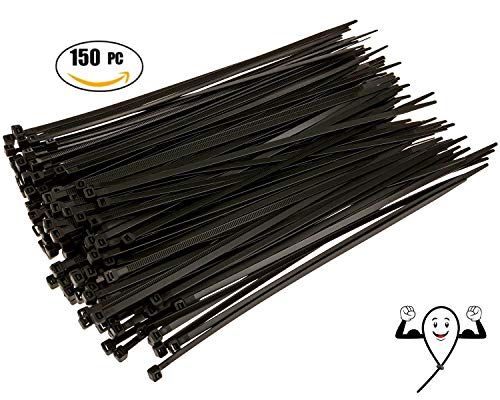 Product Cover Cable Zip Ties 10 inch Heavy Duty. 150 Piece, Large Pack of Black Nylon Wire Zip Ties by Strong Ties. 50 Pounds Tensile Strength, Indoor Outdoor UV Resistant.