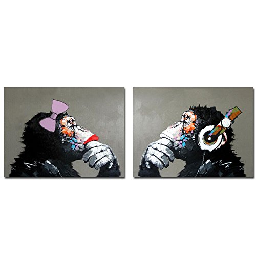 Product Cover Muzagroo Art Monkey with Headphones Oil Painting Hand Painted Art on Canvas Pictures for Living Room Large Size Paintings Ready to Hang (24x32inx2)