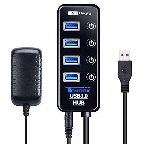Product Cover USB 3.0 Hub, Tendak USB Hub with 4 USB 3.0 Data Ports + 1 USB Smart Charging Port and Power Supply Adapter with Individual On/Off Port Switches for PS4 Pro PS4 Slim Xbox One