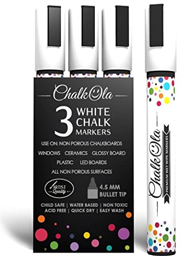 Product Cover White Chalk Markers - Pack of 3 liquid chalk pens - Used on Chalkboard, Windows, Blackboard, Labels, Cafe & Bistro - Water based wet wipe erasable pen - 4.5 mm Reversible bullet & chisel Tip