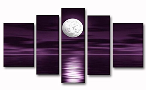 Product Cover Unixtyle 100% Hand Painted Oil Painting on Canvas Purple Skyline Sea White Full Moon Night Wood Framed Landscape Wall Art Painting Abstract Home Decoration 5 Pcs/set
