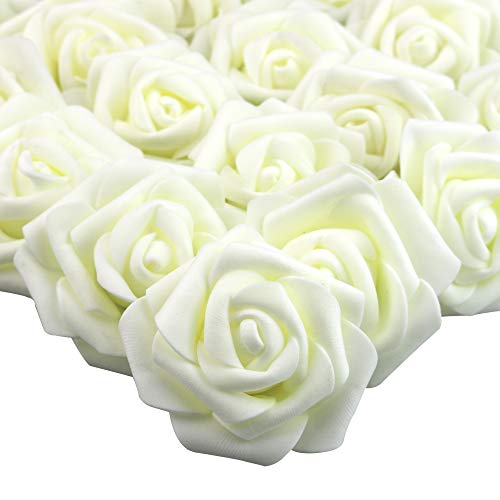 Product Cover Lightingsky 7cm DIY Real Touch 3D Artificial Foam Rose Head Without Stem for Wedding Party Home Decoration (100pcs, Milky)