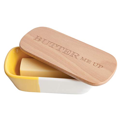 Product Cover Talisman Designs  Stoneware Butter Dish with Beechwood Lid, Laser Etched with Butter Me Up