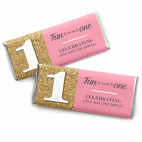 Product Cover 1st Birthday Girl - Fun to be One - Candy Bar Wrappers First Birthday Party Favors - Set of 24