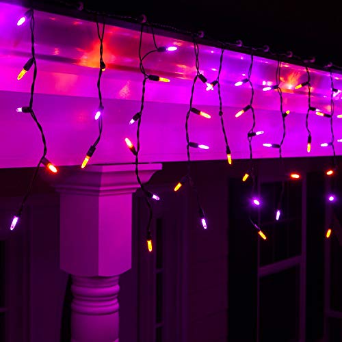 Product Cover Wintergreen Lighting Halloween Mini LED Icicle Lights on Halloween Hanging Lights LED, Purple and Orange Lights on Black Wire, Fun House Halloween Decorations (70 Icicle Lights)