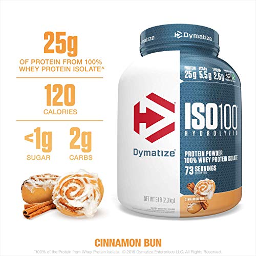 Product Cover Dymatize ISO100 Hydrolyzed Protein Powder, 100% Whey Isolate Protein, 25g of Protein, 5.5g BCAAs, Gluten Free, Fast Absorbing, Easy Digesting, Cinnamon Bun, 5 Pound