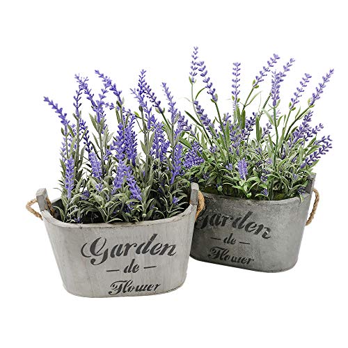 Product Cover Heart To HeartButterfly Craze Purple Silk Floral Arrangements Faux Lavender Flower Plant Home Office Décor 2 Pc Set - with Grey Vases