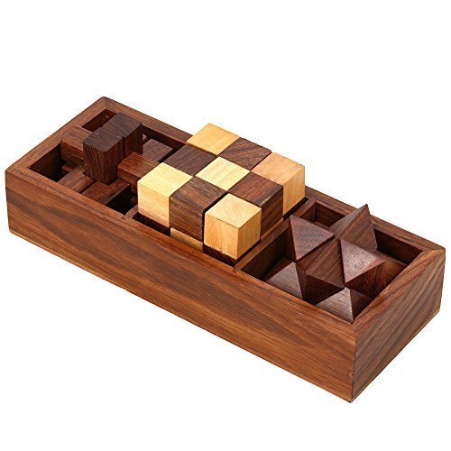 Product Cover Artncraft 3-in-One Wooden Puzzle Games Set - 3D Puzzles for Teens and Adults - Includes Wood Interlocking Blocks, Diagonal Burr, and Snake Cube in Storage Box