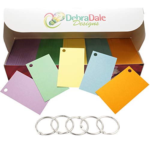 Product Cover Debra Dale Designs Blank Flash Cards with Rings in 5 Assorted Pastel Colors; 1100 Index Cards - Single Hole Punched with 5 Rings, 2 x 3.5 inch for School, Learning, Memory Drills - Made in The USA
