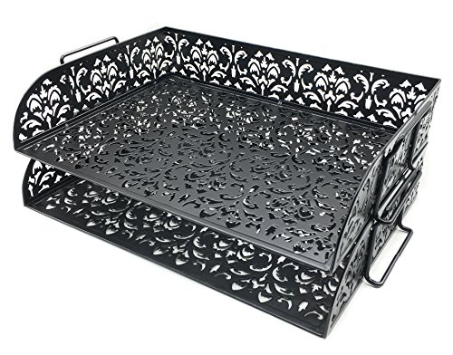 Product Cover EasyPAG 2 Tier Stackable Desk Trays Document Letter Organizer (Black, Hollow Flower Pattern)