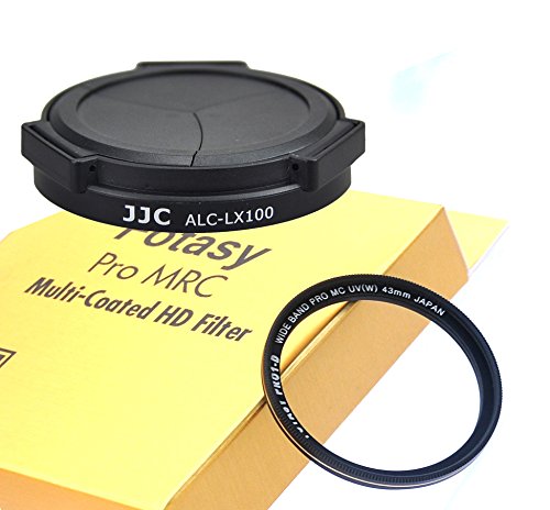 Product Cover JJC Black ACLX100 Auto SELF-RETAINING Lens Cap for Panasonic LX100 LX100II Leica D-LUX, LX100 LX100II Auto Lens Cap, W/ 43mm MRC Nano MC UV Filter
