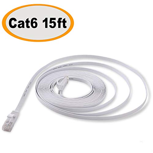 Product Cover Cat 6 Ethernet Cable 15 ft - Flat Internet Network Lan patch cord Short - faster than Cat5e/Cat5, Slim Cat6 High Speed Computer wire With Snagless Rj45 Connectors for Router, PS4, Xobx - 15 feet White