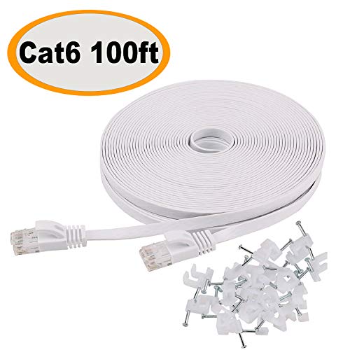 Product Cover Jadaol Cat 6 Ethernet Cable 100 ft Flat White, Internet Network Lan patch cords, Computer wire with clips for Router, modem, faster than Cat5e/Cat5