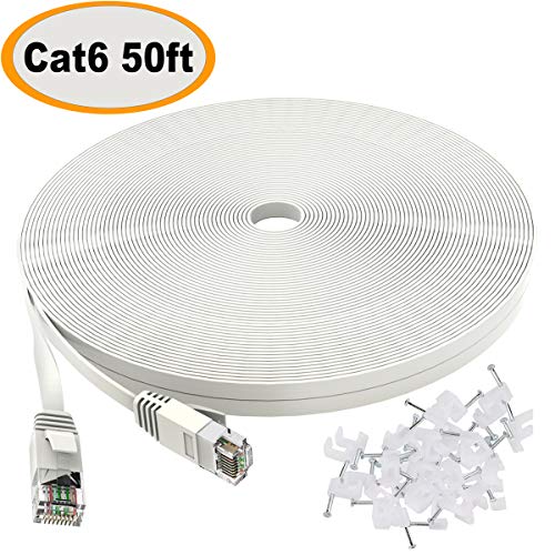 Product Cover Cat 6 Ethernet Cable 50 ft White - Flat Internet Network Lan patch cords - Solid Cat6 High Speed Computer wire With clips& Snagless Rj45 Connectors for Router, modem - faster than Cat5e/Cat5 - 50 feet