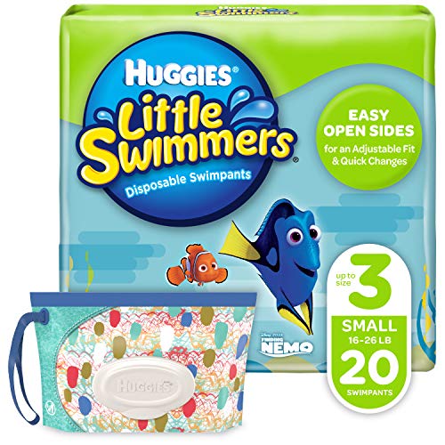 Product Cover Huggies Little Swimmers Disposable Swim Diaper, Swimpants, Size 3 Small (16-26 Pound), 20 Count., with Huggies Wipes Clutch 'N' Clean Bonus Pack (Packaging May Vary)