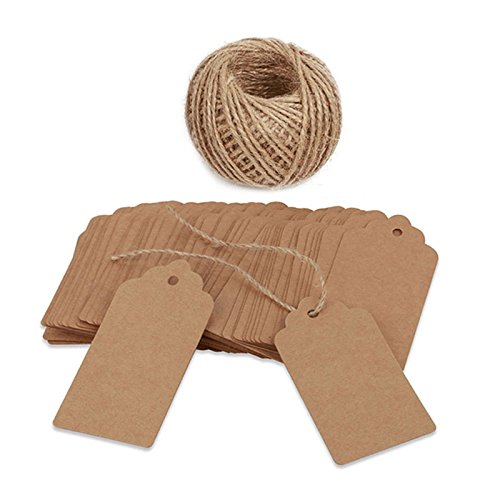 Product Cover 100 PCS Kraft Paper Christmas Gift Tags with String Blank Gift Tag Vintage Wedding Favor Hang Tags with 100 Feet Natural Jute Twine Retangle Tags for Crafts & Price Tags Labels