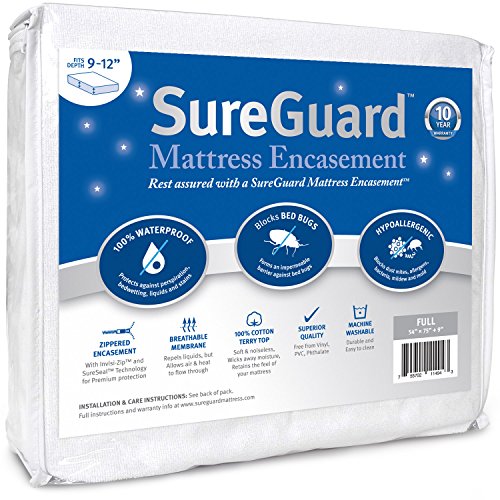 Product Cover Full (9-12 in. Deep) SureGuard Mattress Encasement - 100% Waterproof, Bed Bug Proof, Hypoallergenic - Premium Zippered Six-Sided Cover - 10 Year Warranty