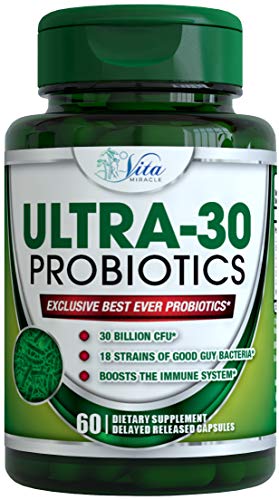 Product Cover Ultra-30 Probiotics 30 Billion CFU - 18 Strains Probiotic with Prebiotics Supplement for Women Men Patented Delayed Release Capsules for Immune and Digestive Health Vegan Non-GMO Gluten-Free 60 Count