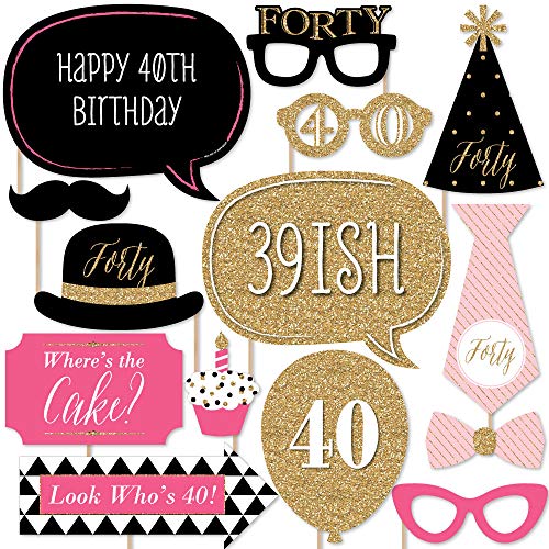 Product Cover Chic 40th Birthday - Pink, Black and Gold - Birthday Photo Booth Props Kit - 20 Count