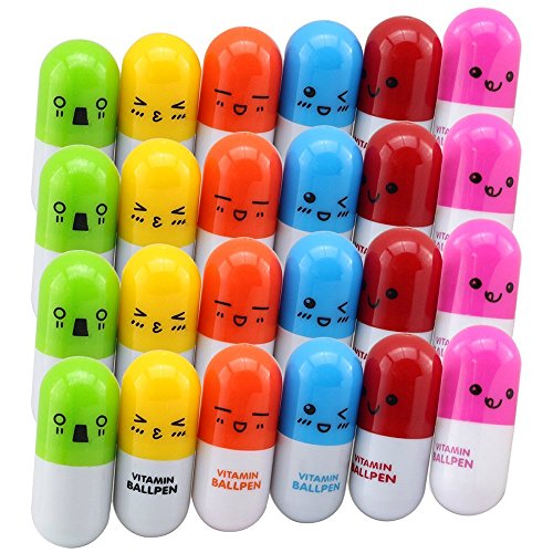 Product Cover Jiulyning 24Pcs Retractable Pill Shape Ballpoint Pen, Cute Emotion, Smiling Face, Cartoon Ball Pen