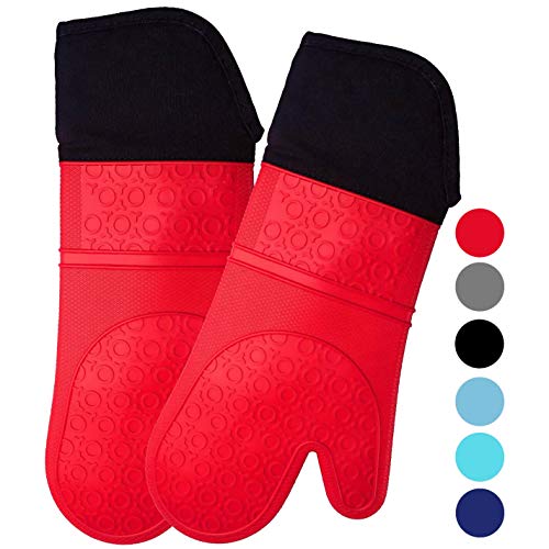 Product Cover Homwe Professional Silicone Oven Mitt - 1 Pair - Extra Long Oven Mitts with Quilted Liner for Extra Protection - Red