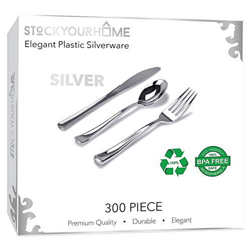 Product Cover 300 Plastic Silverware Set, Silver Plastic Cutlery Set, Silver Plastic Flatware - Party Utensils - 100 Silver Plastic Forks, 100 Silver Plastic Spoons, 100 Silver Plastic Knives