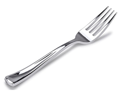 Product Cover Stock Your Home 125 Disposable Heavy Duty Silver Plastic Forks, Fancy Plastic Silverware Looks Like Silver Cutlery - Utensils Perfect for Catering Events, Restaurants, Parties and Weddings