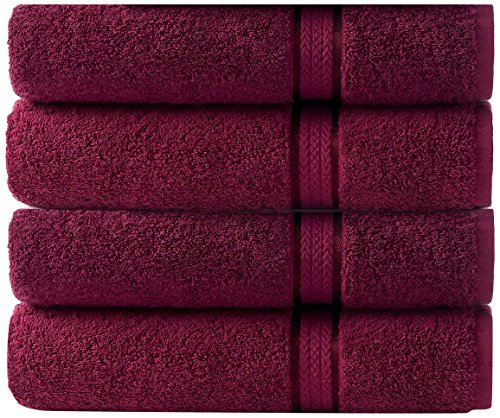 Product Cover COTTON CRAFT Ultra Soft 4 Pack Oversized Extra Large Bath Towels 30x54 Burgundy Weighs 22 Ounces - 100% Pure Ringspun Cotton - Luxurious Rayon Trim - Ideal for Everyday use - Easy Care Machine wash