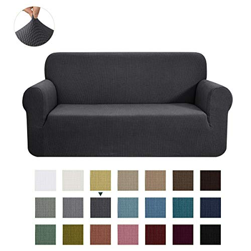 Product Cover CHUN YI Stretch Sofa Slipcover 1-Piece Couch Cover Furniture Protector Arm Chair Loveseat Coat Soft with Elastic Bottom, Checks Spandex Jacquard Fabric(Medium,Gray)