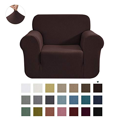 Product Cover CHUN YI Stretch Chair Sofa Slipcover 1-Piece Couch Cover Furniture Protector, 1 Seater Coat Soft with Elastic Bottom, Checks Spandex Jacquard Fabric (Small, Chocolate)
