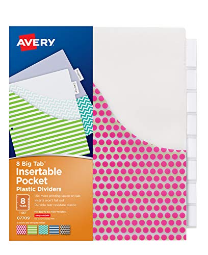 Product Cover Avery 8-Tab Plastic Binder Dividers with Pockets, Insertable Clear Big Tabs, Assorted Designs, 1 Set (7709)