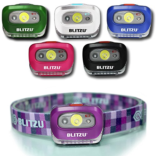 Product Cover BLITZU Brightest Headlamp Flashlight 165 Lumen with Bright White Cree Led + Red Light for Kids, Men, Women. Perfect for Running, Camping, Home Projects, Waterproof with Adjustable Headband PURPLE