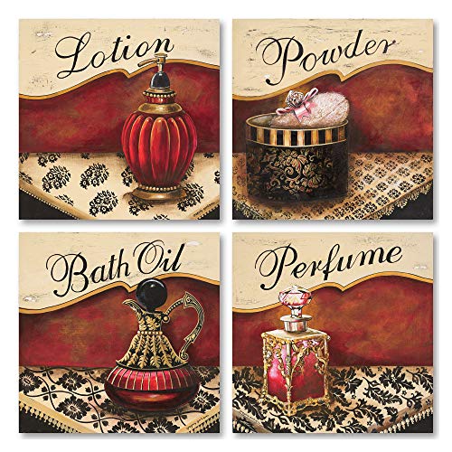 Product Cover Vintage Red and Gold Perfume Bath Oil Lotion Powder Set; 4-12x12