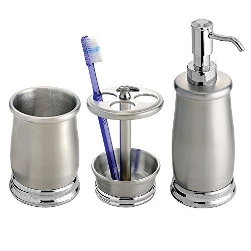 Product Cover mDesign Metal Bathroom Vanity Countertop Accessory Set - Includes Refillable Soap Dispenser, Divided Toothbrush Stand, Tumbler Rinsing Cup - 3 Pieces - Brushed/Chrome