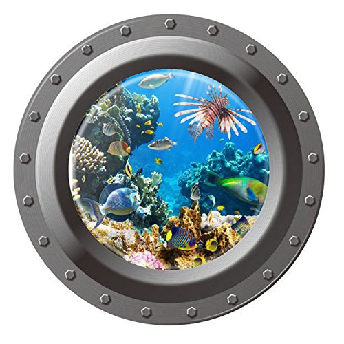 Product Cover DNVEN 17 inches x 17 inches 3D Peel and Stick Window View Under Sea Tropical Fishes 3D Ocean Window Clings Wall Arts Decals Decors Removable Stickers Undersea World