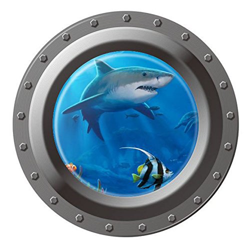 Product Cover DNVEN 17 inches x 17 inches Porthole Peel and Stick Window View Shark 3D Window View Wall Arts Decals Decors Removable Stickers Shark
