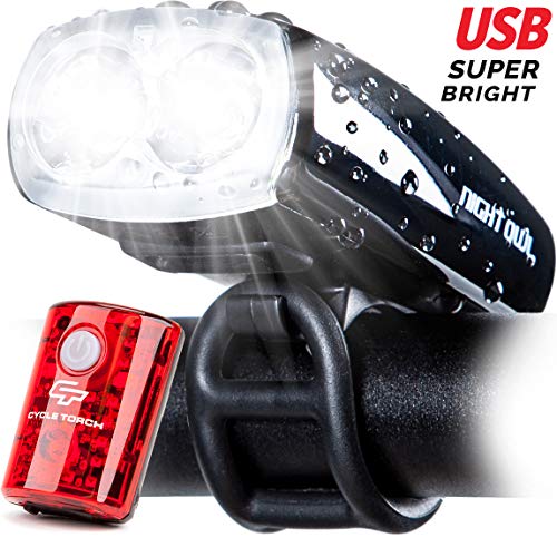 Product Cover Cycle Torch Night Owl USB Rechargeable Bike Light Set, Perfect Commuter Safety Front and Back Bicycle Light LED Combo - Free Bright Tail Light - Compatible with Mountain, Road, Kids & City Bicycles