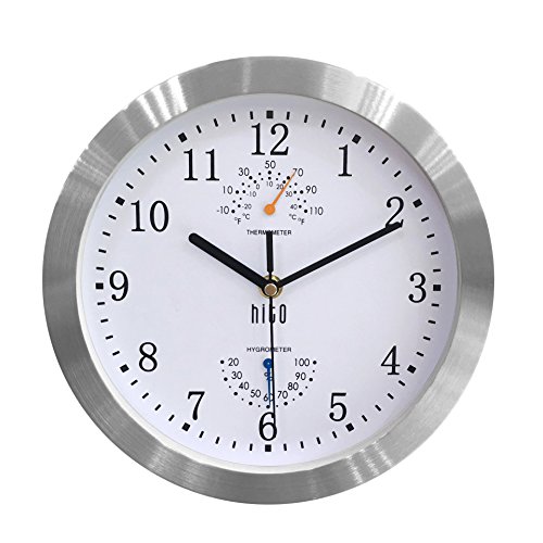 Product Cover hito Modern Silent Wall Clock Non ticking 10 inch Excellent Accurate Sweep Movement Silver Aluminum Frame Glass Cover, Decorative for Kitchen, Living Room, Bedroom, Bathroom, Bedroom, Office (White)