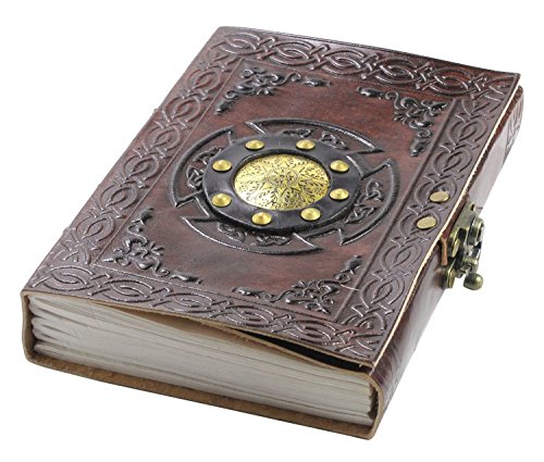 Product Cover Creoly Leather Journal Travel Notebook - Handmade Embossed Spellbook Writing Travelers Diary With Lock For Men and Women to Write In -Plain Unlined Pages, A5 13 x 18 cm