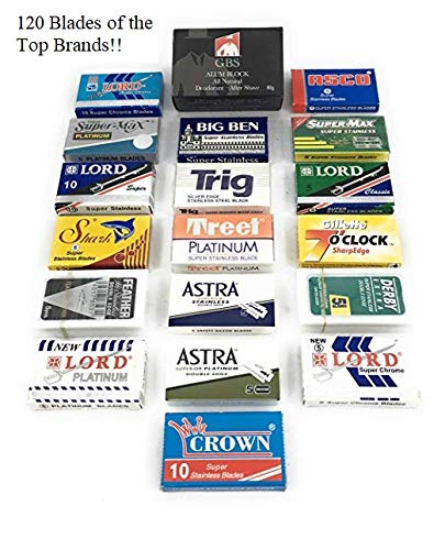 Product Cover Double Edge Safety Razor Blade Variety Pack- Comes with 120 Blades and Natural Alum Block - Perfect for Barber Shavette and Double Edge Razors Best shaving Smooth face Sharp: Feather, Lord, Derby etc.
