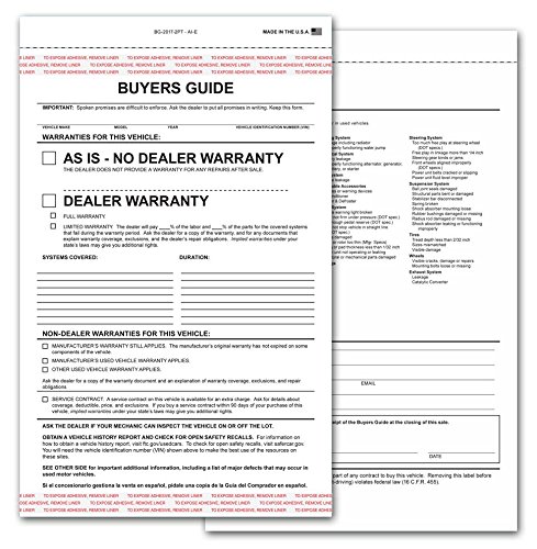 Product Cover 2-part Buyers Guide Form - Adhesive Tape - English - As Is - Warranty (100 Per Pack)
