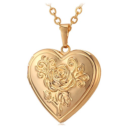 Product Cover U7 Women Girls Photo Locket Pendant Heart/Round Shaped Fashion Jewelry 18K Gold Plated Necklace, with Custom Engrave Service