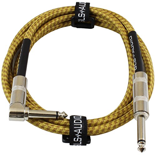 Product Cover GLS Audio 6 Foot Guitar Instrument Cable - Right Angle 1/4-Inch TS to Straight 1/4-Inch TS 6 FT Brown Yellow Tweed Cloth Jacket - 6 Feet Pro Cord 6' Phono 6.3mm - SINGLE